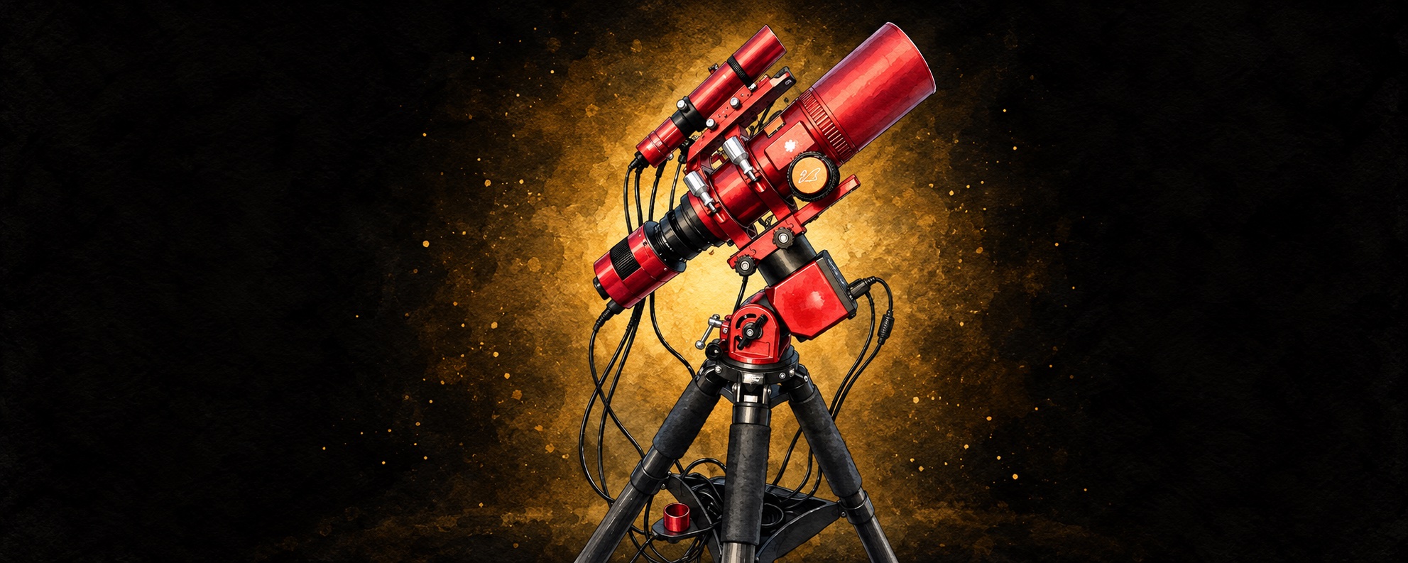 Aquarell: rotes Teleskop mit Kamera und Montierung auf Carbon-Stativ vor goldenem Staub