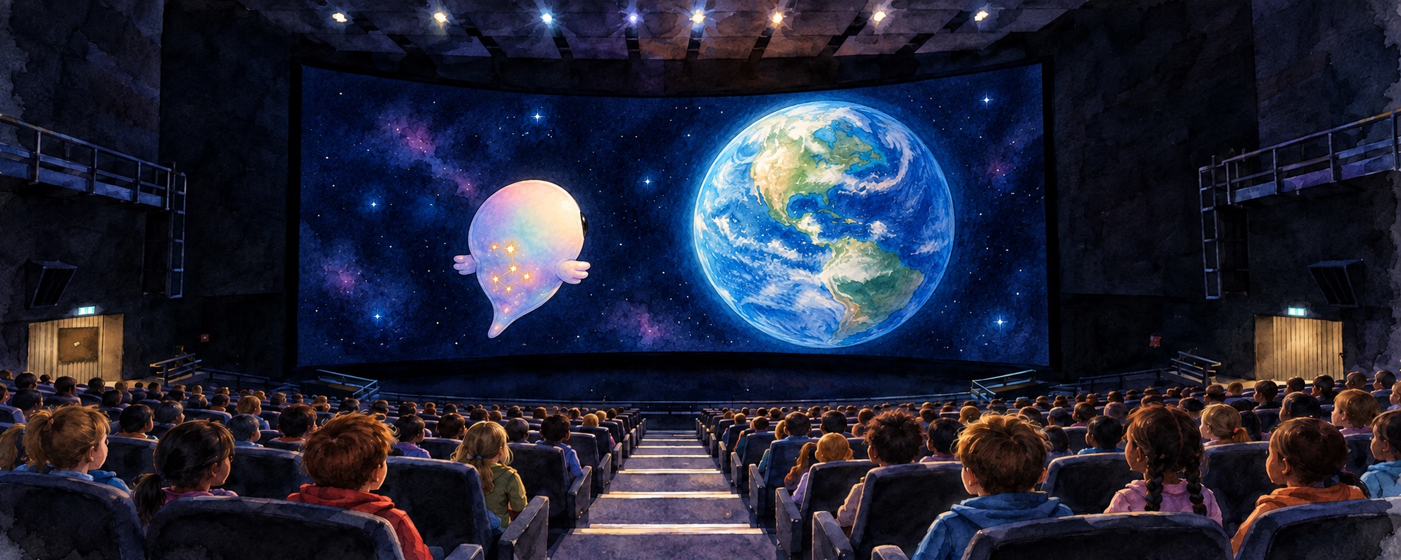 Aquarell: Kinder im Filmtheater, auf der riesigen Leinwand schweben Nebu und die Erde