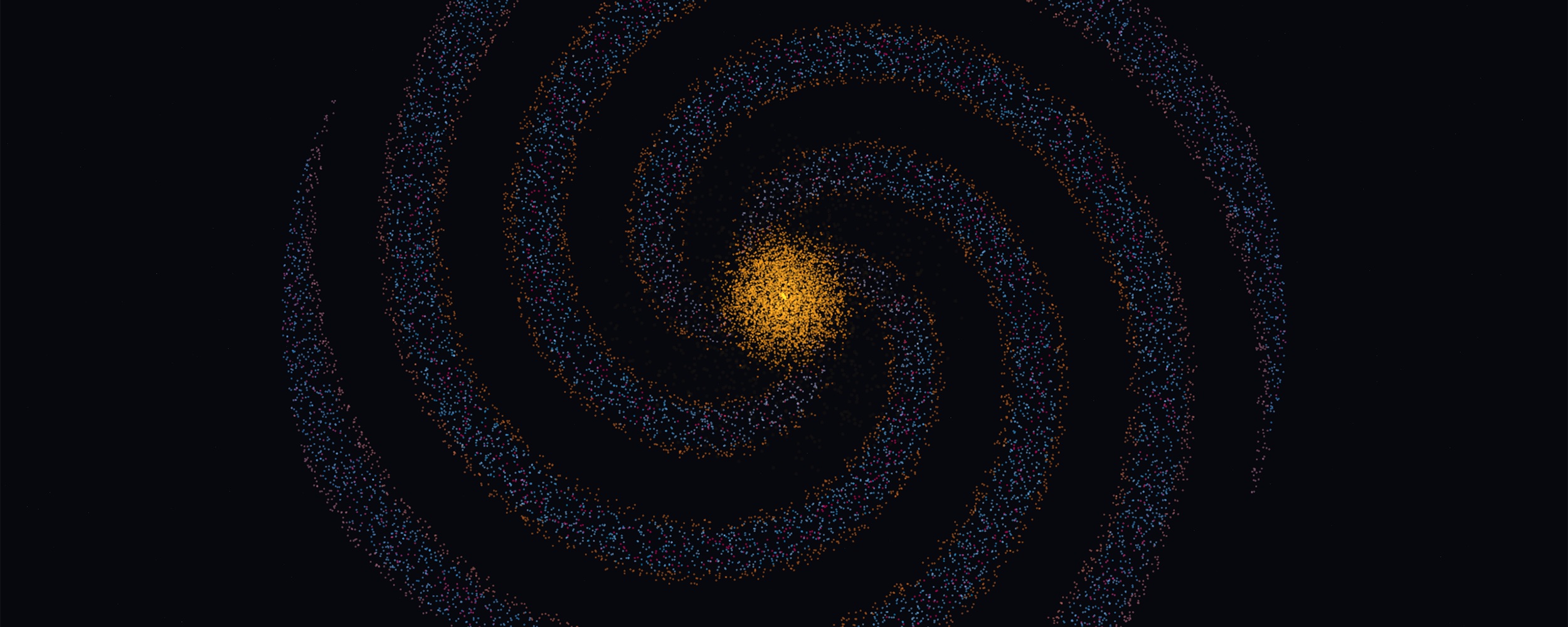 Vierarmige Spiralgalaxie aus Tausenden Partikeln mit goldenem Zentrum