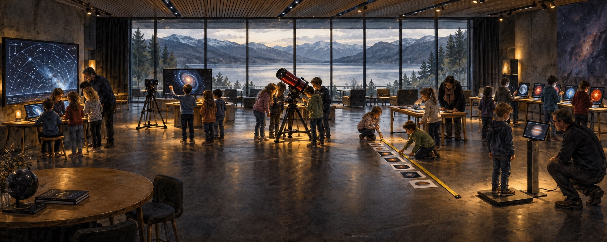 Aquarell: der Konferenzsaal in der Dämmerung mit sechs Lernstationen, Kindergruppen rotieren zwischen Sternenkarte, Galaxie-Geste, Teleskop, Massband, Tablets und Waage