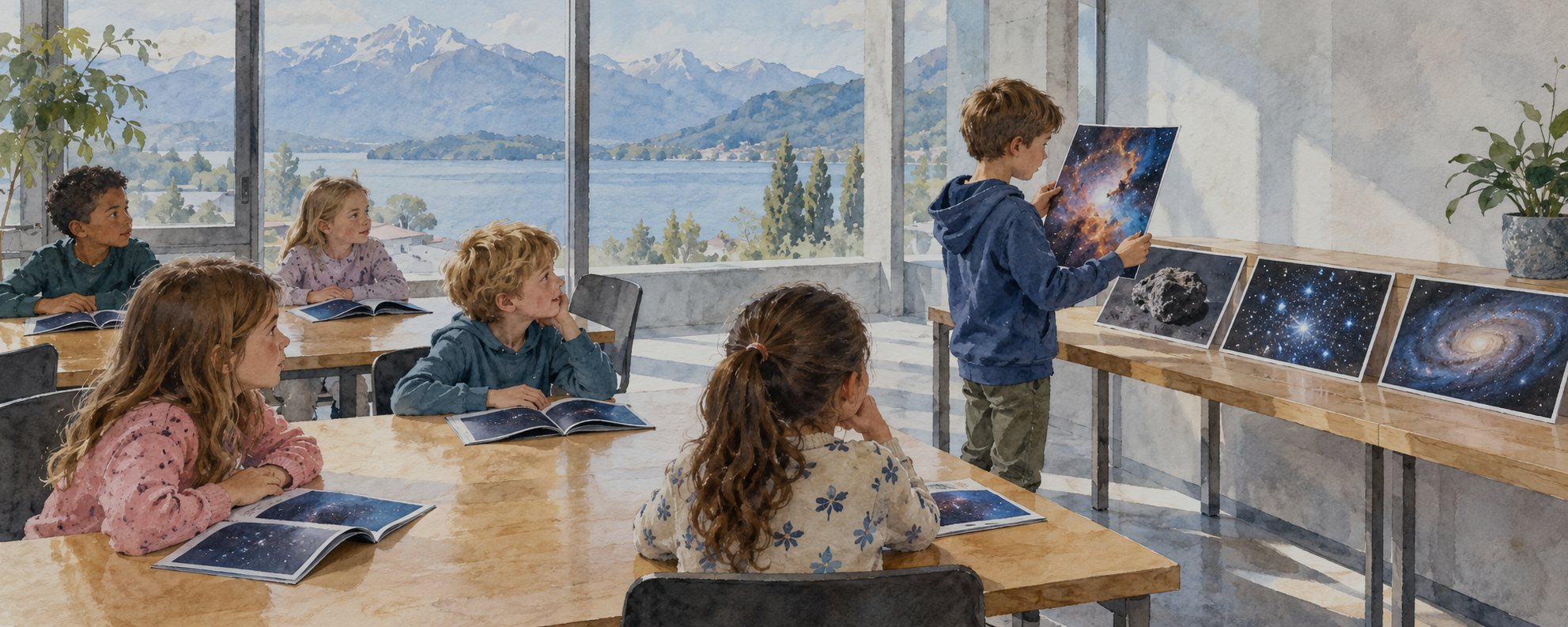 Aquarell: Kinder mit aufgeschlagenen Lerndossiers, ein Junge wählt am Seitentisch einen Nebel-Print aus