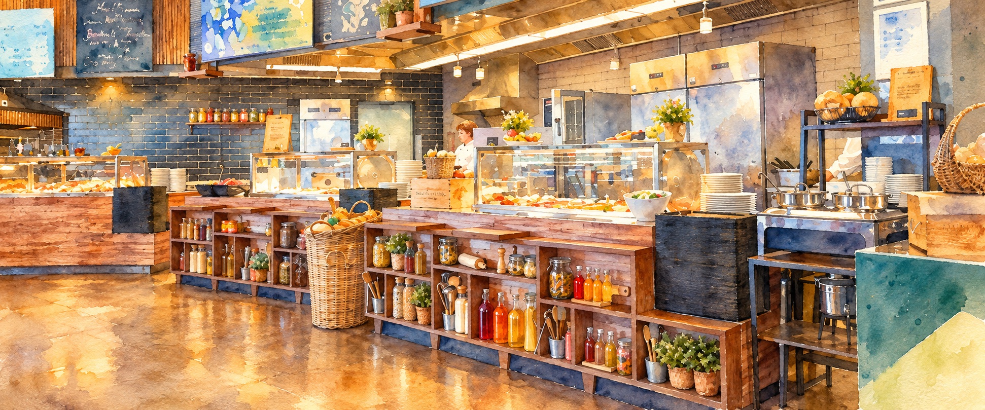 Aquarell: das helle Museumsrestaurant mit Buffet, Regalen voller Gläser und Flaschen