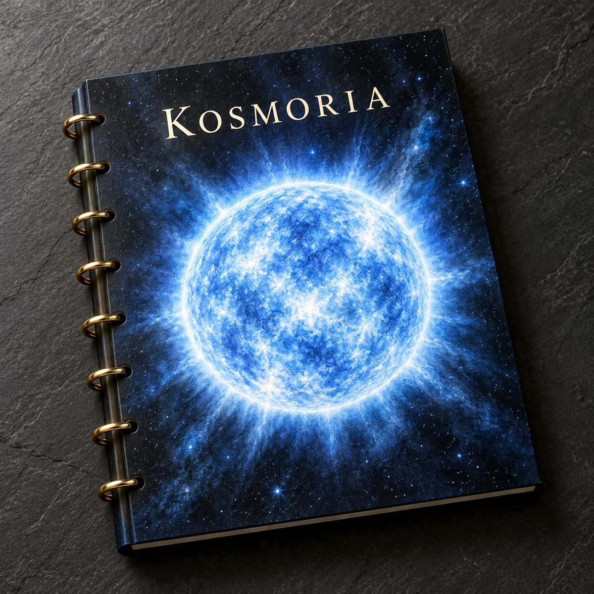 Das Lerndossier: gebundenes Buch mit blauem Riesenstern auf dem Cover und goldenen Ringen