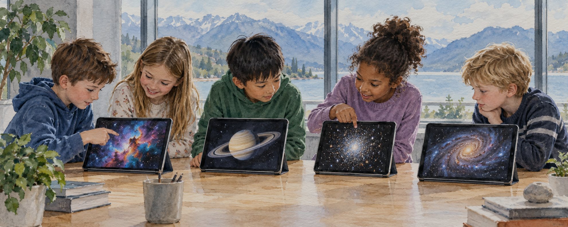 Aquarell: Kinder stöbern an Tablets mit Nebel, Saturn, Sternhaufen und Galaxie