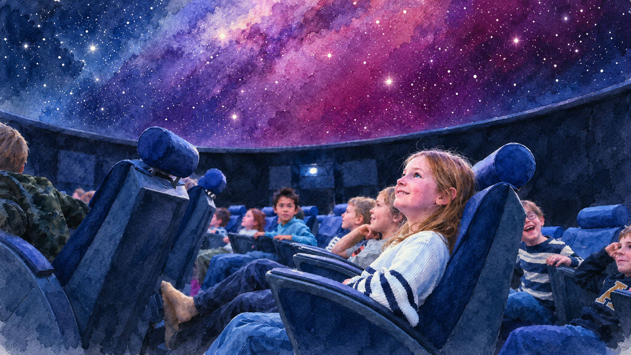 Kinder im Planetarium, über ihnen eine Galaxie an der Kuppel