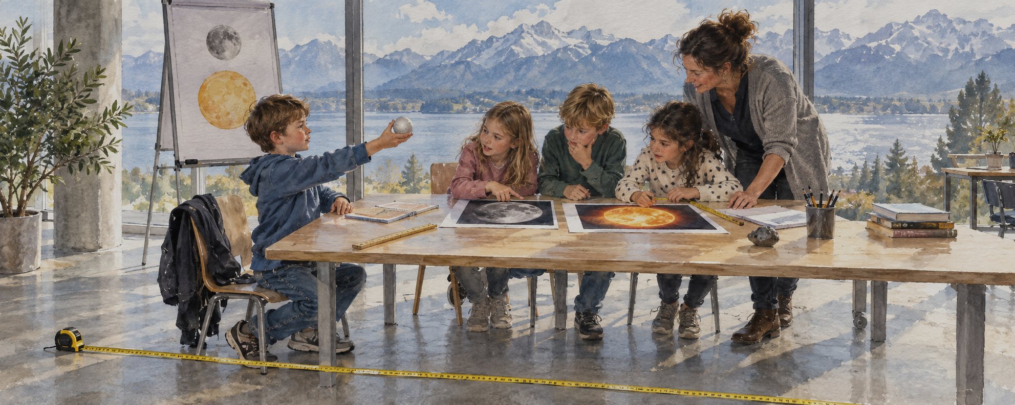 Aquarell: Kinder schätzen an einem Tisch mit Mond- und Sonnenbildern, ein Massband liegt am Boden